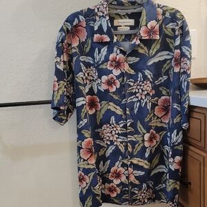 Tommy Bahama Navy Floral Short-Sleeve Camp Shirt with Pink Blooms